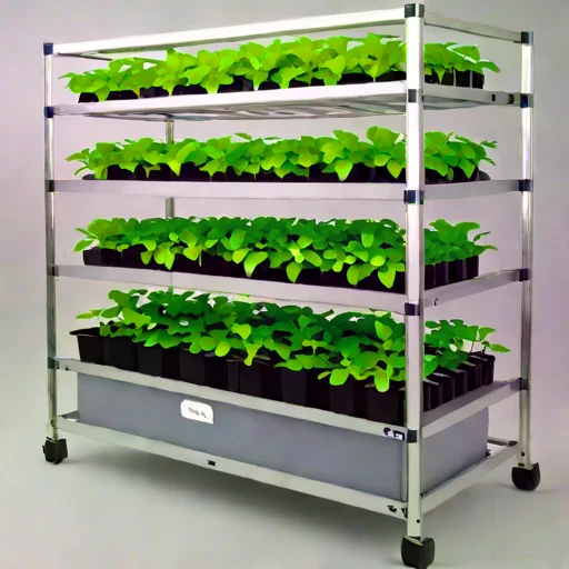 A brine-mist fogponic rack, photographed against a plain background