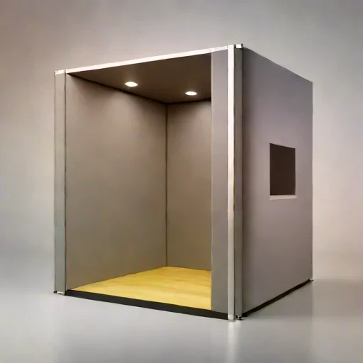 A grazing-incidence narration booth, photographed against a plain background